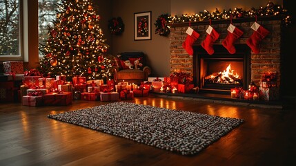 A cozy living room adorned with twinkling Christmas lights, a decorated tree in the corner, stockings hanging by the fireplace, and a family enjoying hot cocoa and exchanging gifts.