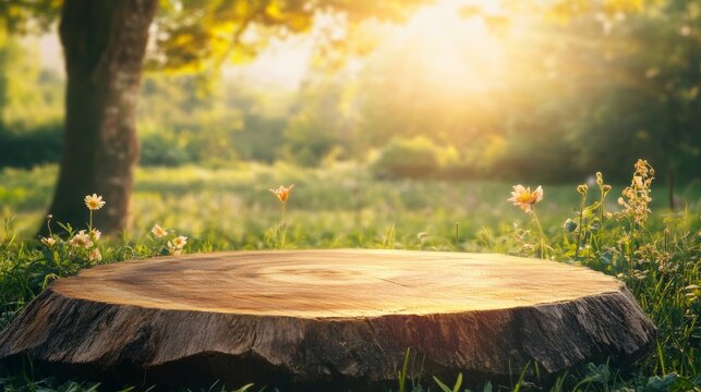 Tree Table wood Podium in farm display for food perfume and other products on nature background Table in farm with grass Sunlight at morning