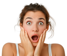 Woman face shocked portrait hand frustration.