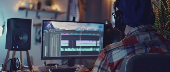 A creative professional wearing headphones concentrates on editing a project on a high-resolution monitor, surrounded by intricate audio equipment.