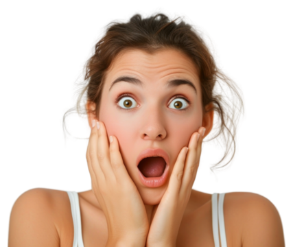 Woman face shocked portrait hand frustration.