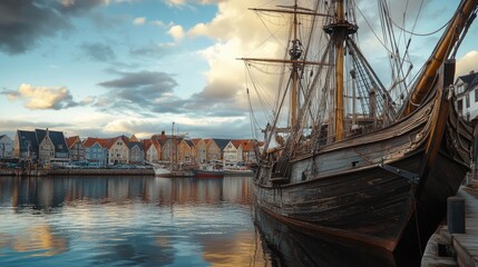 Old Ship Docked at Harbor in a Cityscape