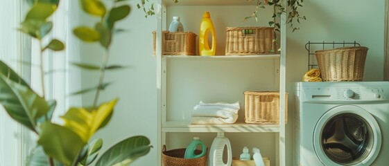 Sunny laundry room with organized shelves, wicker baskets, folded clothes, and various detergents, creating a tidy and practical space.
