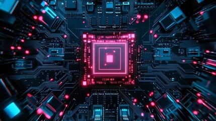 Fototapeta premium An abstract electronic board serves as a technology background, showcasing a central processing unit (CPU) and main circuit. The design reflects the concept of AI and digital microchip processing.