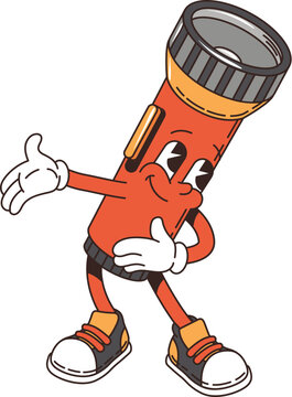 Cartoon flashlight retro groovy travel character, camp and tourism personage. Isolated vector anthropomorphic tourist light equipment wearing sneakers, invite for camping with friendly face expression