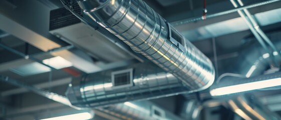 A network of metallic ventilation ducts criss-crosses the ceiling of an industrial space, showcasing a modern engineering marvel.