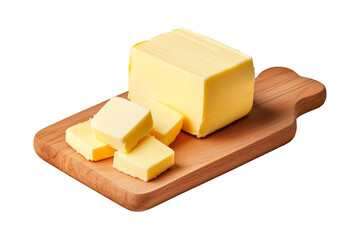 Block of butter with several slices on wooden cutting board isolated on white transparent background. Concept of dairy products and cooking ingredients