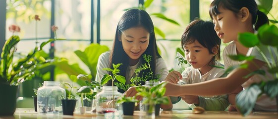 A group of children eagerly engages in plant care in a sunlit room filled with vibrant greenery, promoting environmental education and growth.