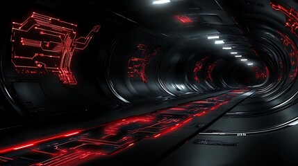 Futuristic Red Neon Lighted Tunnel with Circuitry