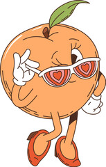 Cartoon groovy peach retro character. Isolated vector vintage style female fruit personage wearing gloves, heeled shoes and heart-shaped sunglasses, striking a fun pose with a flirty face expression
