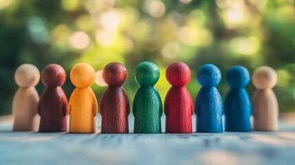 This image portrays eight wooden figurines, each painted in different vibrant colors, standing in a neat row on a smooth, light-colored surface with a blurred background.
