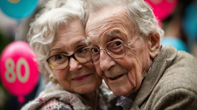 An elderly couple shares a warm embrace while celebrating an 80th birthday surrounded by colorful balloons in a joyful outdoor setting. - Powered by Adobe