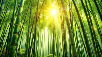 Fototapeta premium Sunny green bamboo forest background, bamboo, forest, green, sunny, nature, vegetation, peaceful, serene, tranquil, foliage