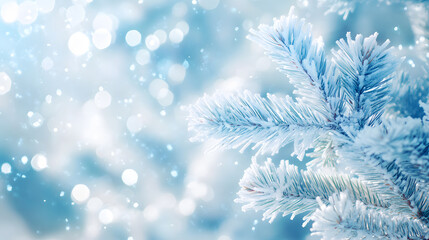 Fototapeta premium Close-up view of snow-dusted green pine branches with softly falling snowflakes, creating a peaceful and festive winter scene