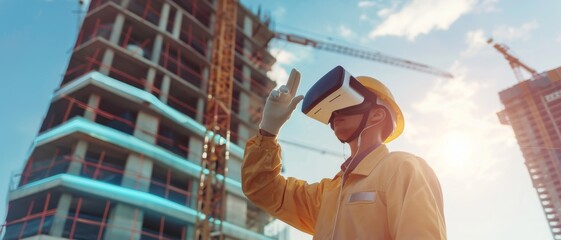 A construction worker uses a virtual reality headset at a building site, immersed in a modern technological workflow amid a rising skyscraper.