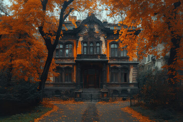 Old building with arched windows, tall and wide, on old street, trees grow around it, gothic architecture.
