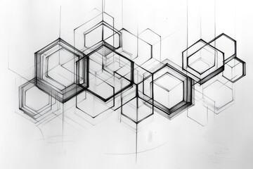 This image features a composition of intersecting geometric shapes, including hexagons and cubes, drawn with varying line thicknesses, creating a sense of depth and complexity.