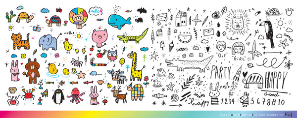 Collection of hand drawn cute doodles,Doodle children drawing,Sketch set of drawings in child style,Funny Doodle Hand Drawn,Page for coloring, cute animal hand drawn, cute Doodle