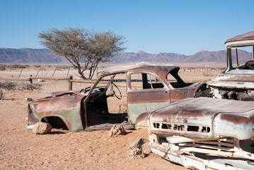 Desert car wreck at Solitaire Lodge in Namibia
