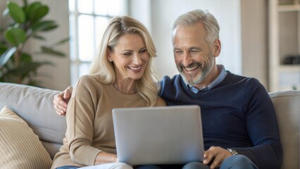 Happy middle aged couple using laptop computer relaxing on couch at home. Smiling mature man and woman talking having fun laughing with device sitting on sofa in sunny living room. Candid shot