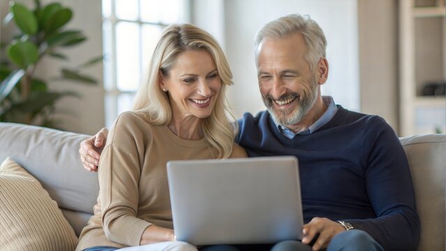 Happy middle aged couple using laptop computer relaxing on couch at home. Smiling mature man and woman talking having fun laughing with device sitting on sofa in sunny living room. Candid shot