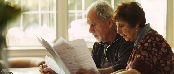 An elderly couple reads the newspaper together at home, sharing a quiet, intimate moment filled with warmth and connection.