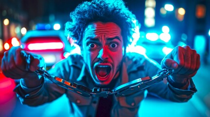 A dramatic night scene showcases a man in distress holding handcuffs. The vibrant colors and intense expressions capture a moment of tension. This image features a cinematic style,