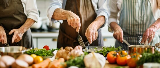 A group of people in aprons joyfully cooking together, surrounded by fresh vegetables and ingredients, embodying the spirit of community and teamwork.