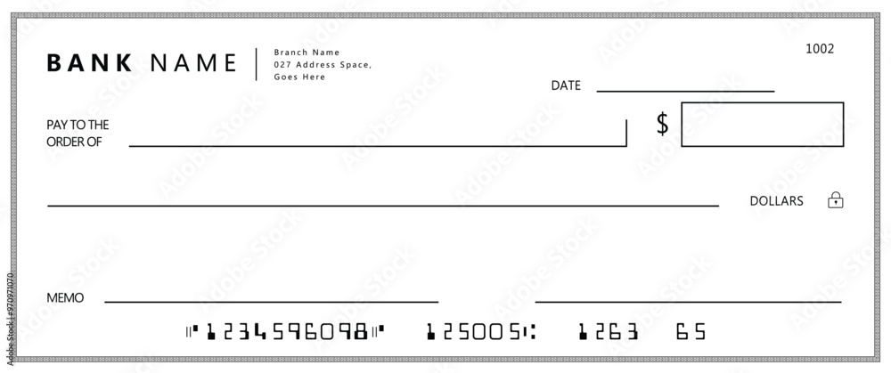 Wall mural empty money cheque. bank check. check book template with pattern and blank fields. currency payment 