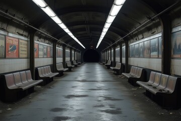A dimly lit, deserted subway metro interior with worn, faded advertisements lining the walls, dim fluorescent lights casting eerie shadows on the worn, grey concrete floor.