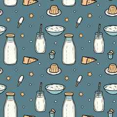 Dairy products seamless pattern, milk, cottage cheese, cheese, ice cream, yogurt, vector flat illustration