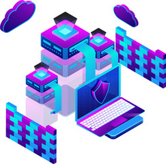 Fototapeta premium Server Security System concept with isometric illustration of servers and laptop under security region on png background.