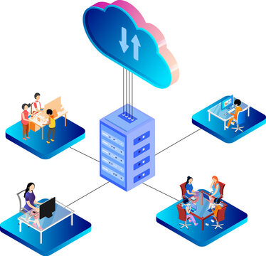 Cloud storage or data sharing concept based design, people working in different platforms and digital devices connected with local data server transfer from cloud server.