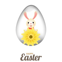Happy Easter Celebration Greeting Card with Cartoon Bunny Holding Yellow Flower and Grey Egg Illustration.