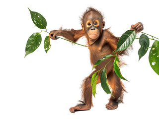 Realistic baby baby Orangutan image on transparent background. Ai generated.