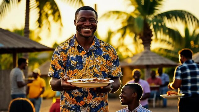 An African man in a floral shirt serves food to a group of children at sunset. The warm evening light enhances the joyful atmosphere. The group is outdoors, possibly in a community gathering.