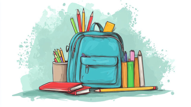 A cartoon drawing of a school backpack filled with school supplies.