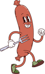 Sausage retro groovy breakfast character. Isolated cartoon vector joyful food personage running with fork in hand and funny face expression. Vintage sausage personage wearing shoes, exudes funky vibe