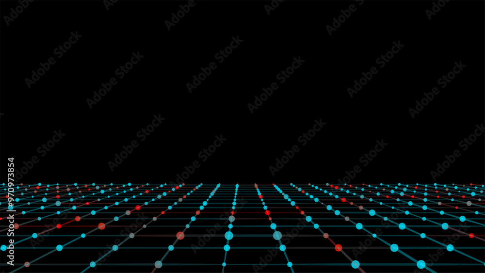 Poster Abstract grid with blue light on black background. Science background with moving dots and lines. Network connection technology. Digital structure with particles. Vector illustration.