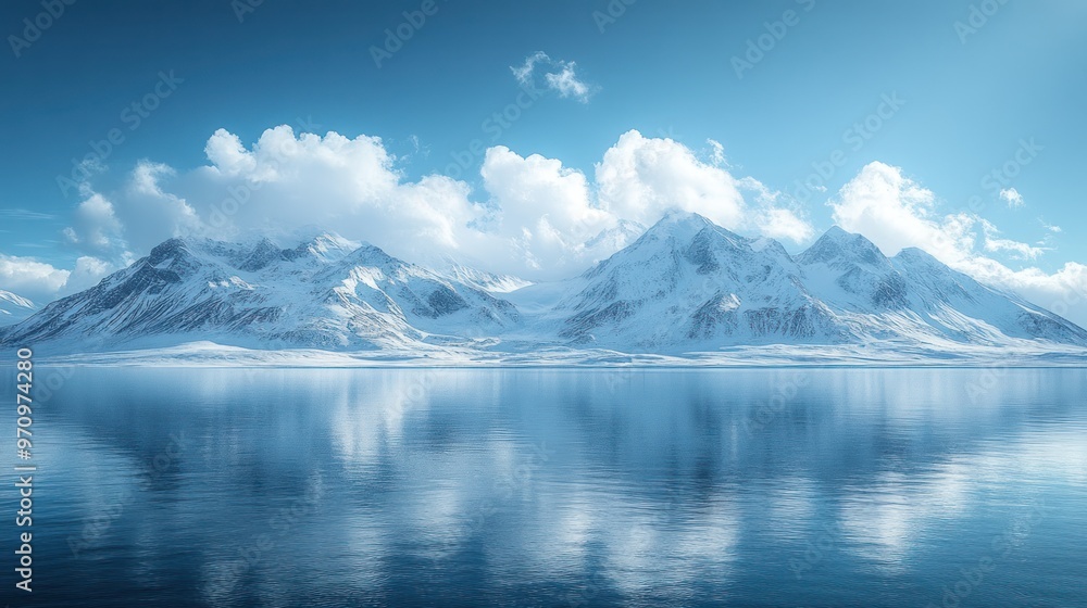 Poster snowy mountain range reflected in a calm lake