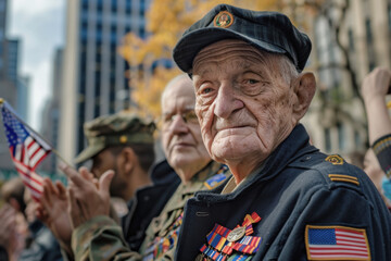 Obraz premium Veteran proudly wearing medals during Veterans Day parade with American flags in the background, symbolizing service and dedicatio