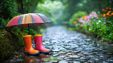 40. A pair of colorful rain boots and a matching umbrella placed on a wet cobblestone path, with blooming flowers and fresh greenery in the background, evoking the playful spirit of spring © Namwan