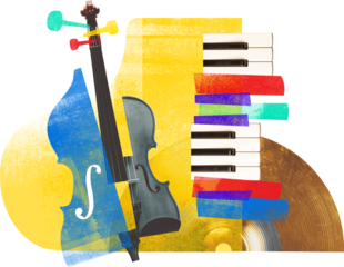 Artwork depicts colorful collage of musical instruments, including cello, violin, piano keys, and cymbals against transparent background. Textured effect. Concept of art, music festivals, party.