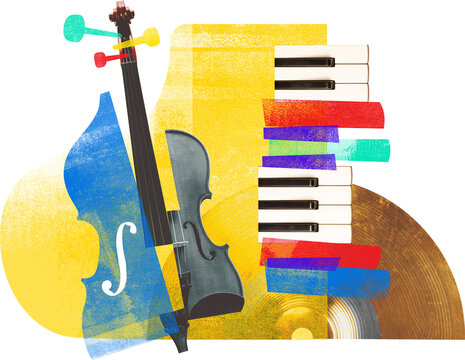 Artwork depicts colorful collage of musical instruments, including cello, violin, piano keys, and cymbals against transparent background. Textured effect. Concept of art, music festivals, party.