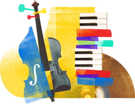 Artwork depicts colorful collage of musical instruments, including cello, violin, piano keys, and cymbals against transparent background. Textured effect. Concept of art, music festivals, party.