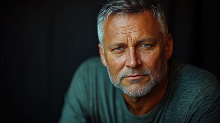 Obraz premium A man with a beard and gray hair is wearing a green shirt. He is looking at the camera with a serious expression