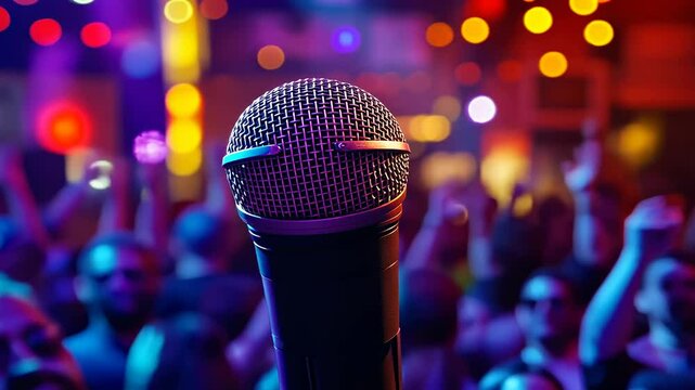 A close-up of a microphone on stage attracts focus as a diverse crowd enjoys a lively night at a club. The colorful lights create a festive atmosphere, highlighting the club setting. Perfect for a