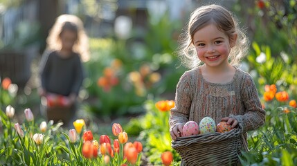 13. An Easter egg hunt in a sunlit garden, with children laughing and searching for brightly colored eggs hidden among the blossoming flowers and lush greenery
