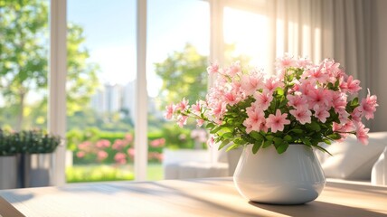 Pink Flowers in White Vase on Table with Garden View