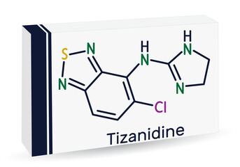 Tizanidine drug molecule. For treatment of muscle spasticitySkeletal chemical formula. Paper packaging for drugs. Vector illustratio